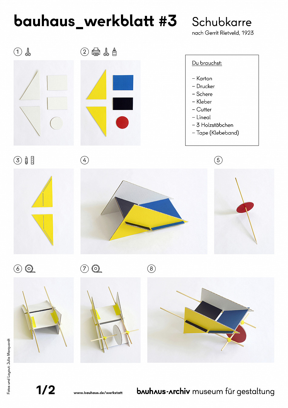 bauhaus_werkblatt mit Schritt-für-Schritt-Anleitung zum Bauen einer Schubkarre aus Pappe
